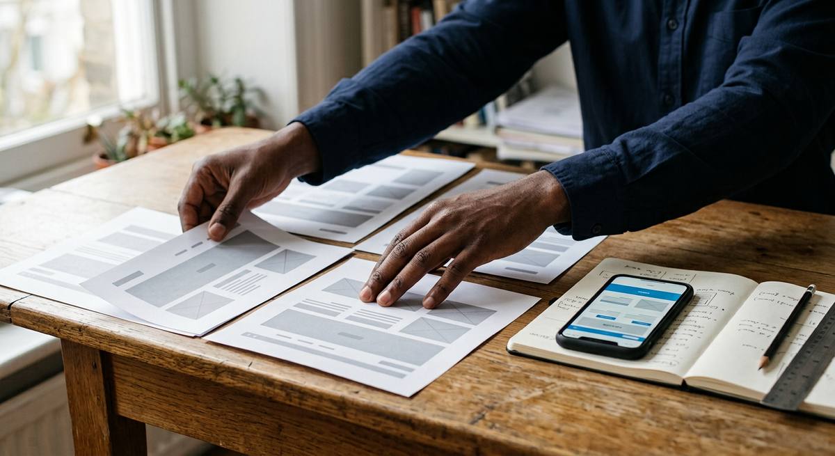 A workspace with printed page layouts, a notebook and a phone showing a website mock
