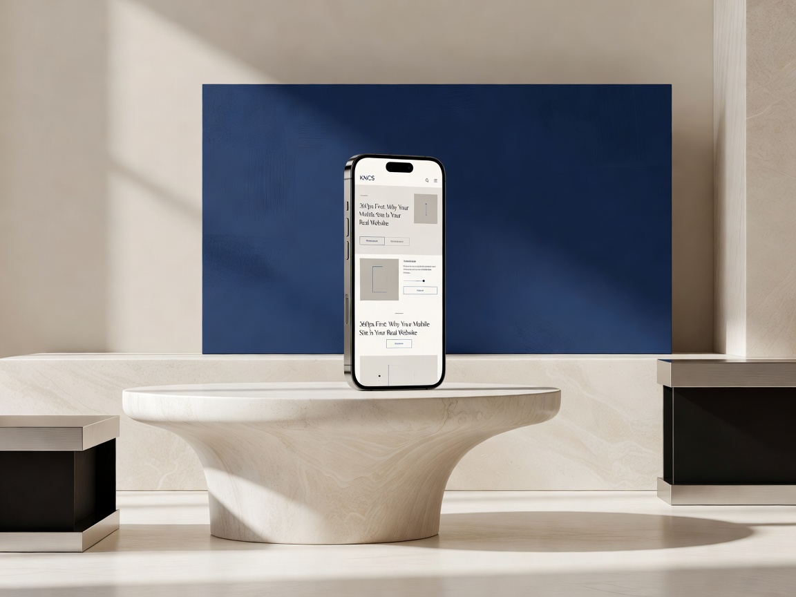 A smartphone standing upright on a pale marble pedestal against a navy blue backdrop, displaying a mobile mockup of the 360px First article on the KNCS website.