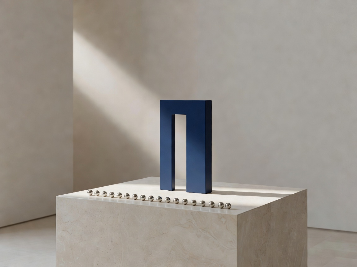 Abstract still-life photograph of a navy blue open rectangular form standing upright on a pale stone plinth, with a row of small chrome spheres arranged beside it, lit by a single diagonal shaft of sunlight.
