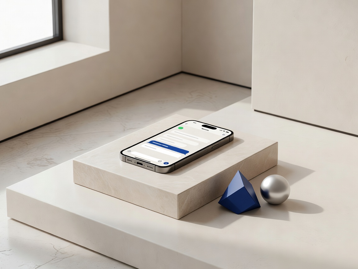 A smartphone lying on a pale marble surface displaying a WhatsApp-style chat conversation, next to small navy and chrome geometric objects, softly lit.